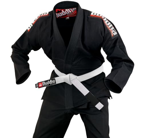 Buddha Fight Wear-Kimono Premium Infinity Negro de Jiu Jitsu Brasileño/BJJ Gi con Cinturón Blanco, Unisex Adulto (Negro, ML=A2)