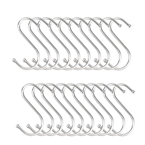 VISTTUSWILL 20-Pack Stainless Steel S-Hooks, Silver, Heavy-Duty Metal S-Hooks for Hanging Clothes, Towels, and Meats Small Size