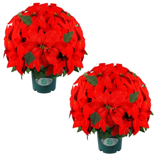 QIANYUN Artificial Poinsettia Christmas Plant in Pot, 16 Inch Faux Red Poinsettia Holiday Flower Arrangement, UV Resistant Christmas Indoor Outdoor Decor for Home, Front Porch, Tabletop Decoration