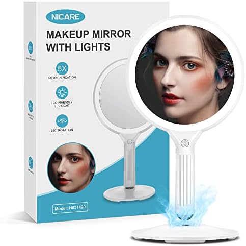 NICARE Makeup Mirror, Vanity Mirror with Lights, 1X/ 5X Magnifying & Lighted with 3 Colors, Magnetic Base, 360 Degree Rotation, LED Travel Makeup Mirrors, Cosmetic Mirror, Idea Gifts for Women