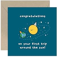 Old English Co. Funny First Birthday Card for Baby Boy or Girl - Toddler 1st Birthday Card - First Trip Around The Sun Greeting Card for Godson Goddaughter - 1 Year Old Birthday Card | Blank Inside