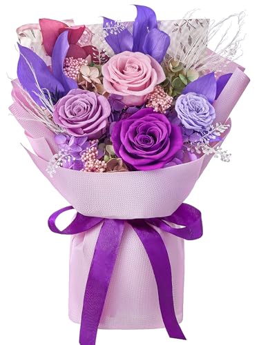Mosstory Preserved Roses Bouquet Birthday Flowers for Women Purple Gifts for Women Mother Birthday Gifts Forever Flowers Bouquet (Purple Roses)