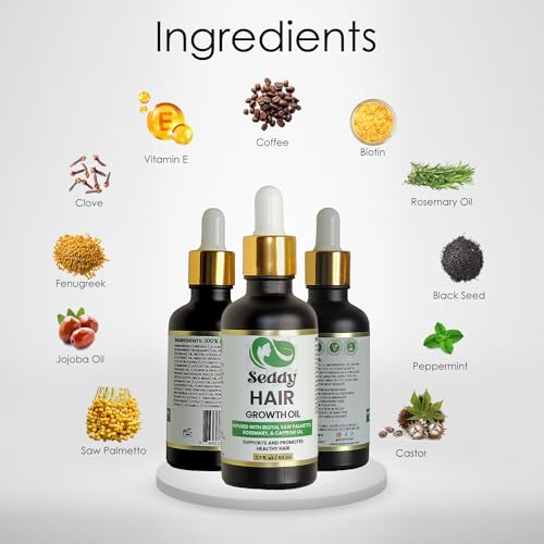 Image of Seddy Hair Growth Oil, 1.7 Fl. Oz | With Biotin, Caffeine, Rosemary, Peppermint, Argan, Castor & Jojoba, Scalp Treatment for Thinning Hair, Breakage & Dryness