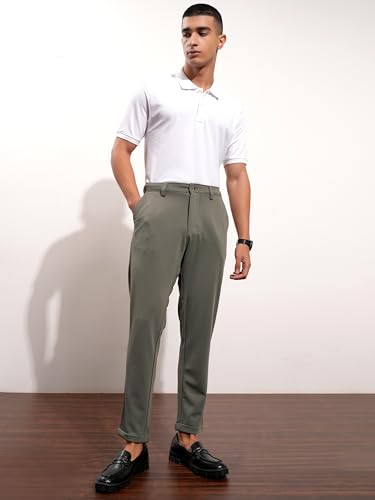 Image of Highlander Men's Slim Fit Formal Trousers | Ankle Length | Smart Chinos for Men | Comfortable Fabric for Daily Work & Formal Occasions
