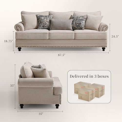 Image of Modern Farmhouse 3-Seat Sofa with Nailhead Trim, Chenille Upholstery, Rolled Arms, Deep Seat, Wooden Legs, Includes 5 Accent Pillows, Comfy Couch for Living Room