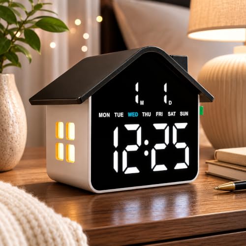Image of Xtore Digital House-Shaped LED Alarm Clock with Date, Day & 4-Level Brightness | Modern Desktop Clock with Alarm Function for Bedroom, Office & Study Table