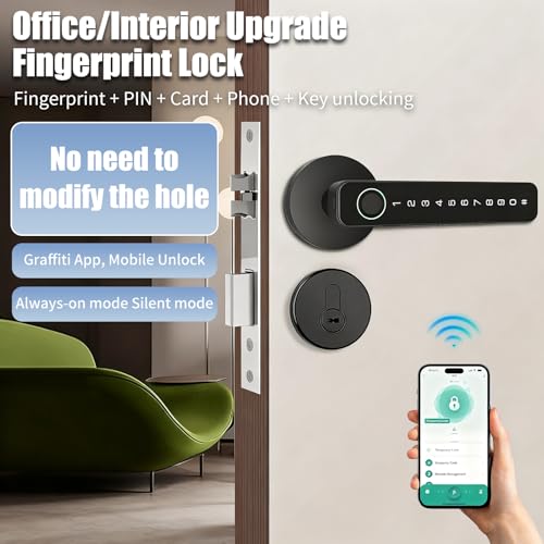 Intelligentes Türschloss, 5-in-1 Türgriff mit Fingerabdruck, APP-Fernbedienung, IC-Karte, Code, Schlüssel, Fingerabdruck Smart Türschloss für Zuhause, Wohnung, Büro, Hotel, Haustür (Kreisförmig)