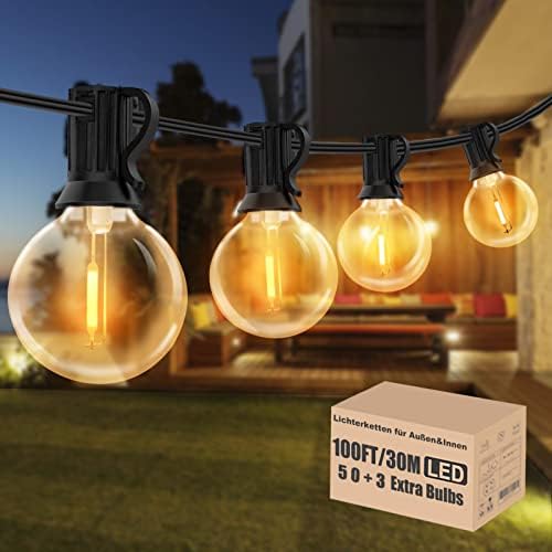 100FT Festoon Lights Outdoor Mains Powered 30M LED Dimmable 2700K Warm White Globe Outdoor String Lights Waterproof with 50+3 Shatterproof G40 Bulbs Outside Lights for Garden Patio Backyard Terrace