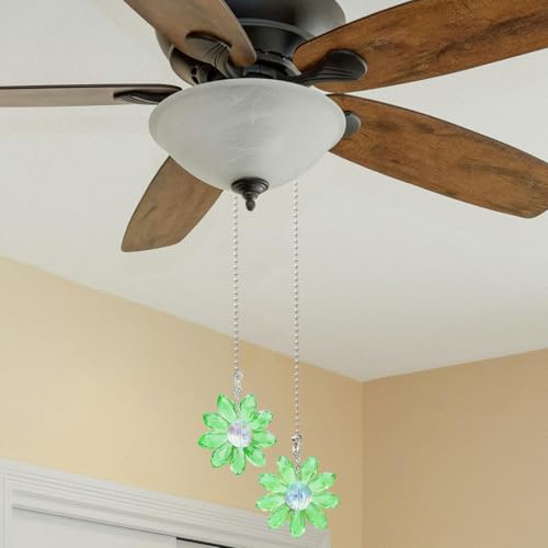 Image of LEFERS Ceiling Fan Pull Chain, 2 Pieces 1.8 inch Crystal Glass Flower Pendants with 24 inch Ceiling Fan Chain Extender and Connector (Green)