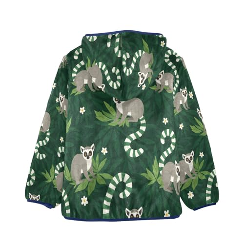 Lemur Pattern with Green Leaves Toddler Fleece Jacket Girl Boys Hooded Fleece Jacket Coat Warm Outwear Zip-up 3-10T2