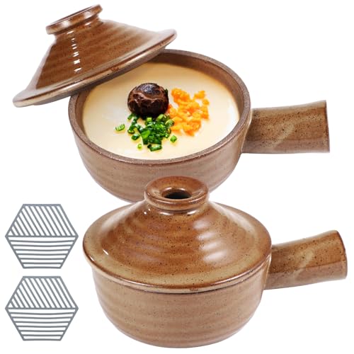 Juego de 2 ollas para huevos, con almohadillas de silicona resistentes al calor, para microondas, cerámica, asas de huevos escalfados, tapas huecas y cúpulas, cuencos de arcilla de 12 onzas para