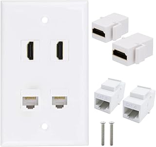 Halokny Placa de pared HDMI Cat6 RJ45, placa de pared de 4 puertos, 2 conectores HDMI Keystone + 2 Ethernet Cat6 RJ45, para placa frontal de pared, color blanco