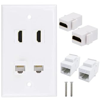 2 x HDMI Keystone Jack + 2 x Cat6 RJ45 Ethernet Wall Plate, 4Port Outlet Face Plate, White