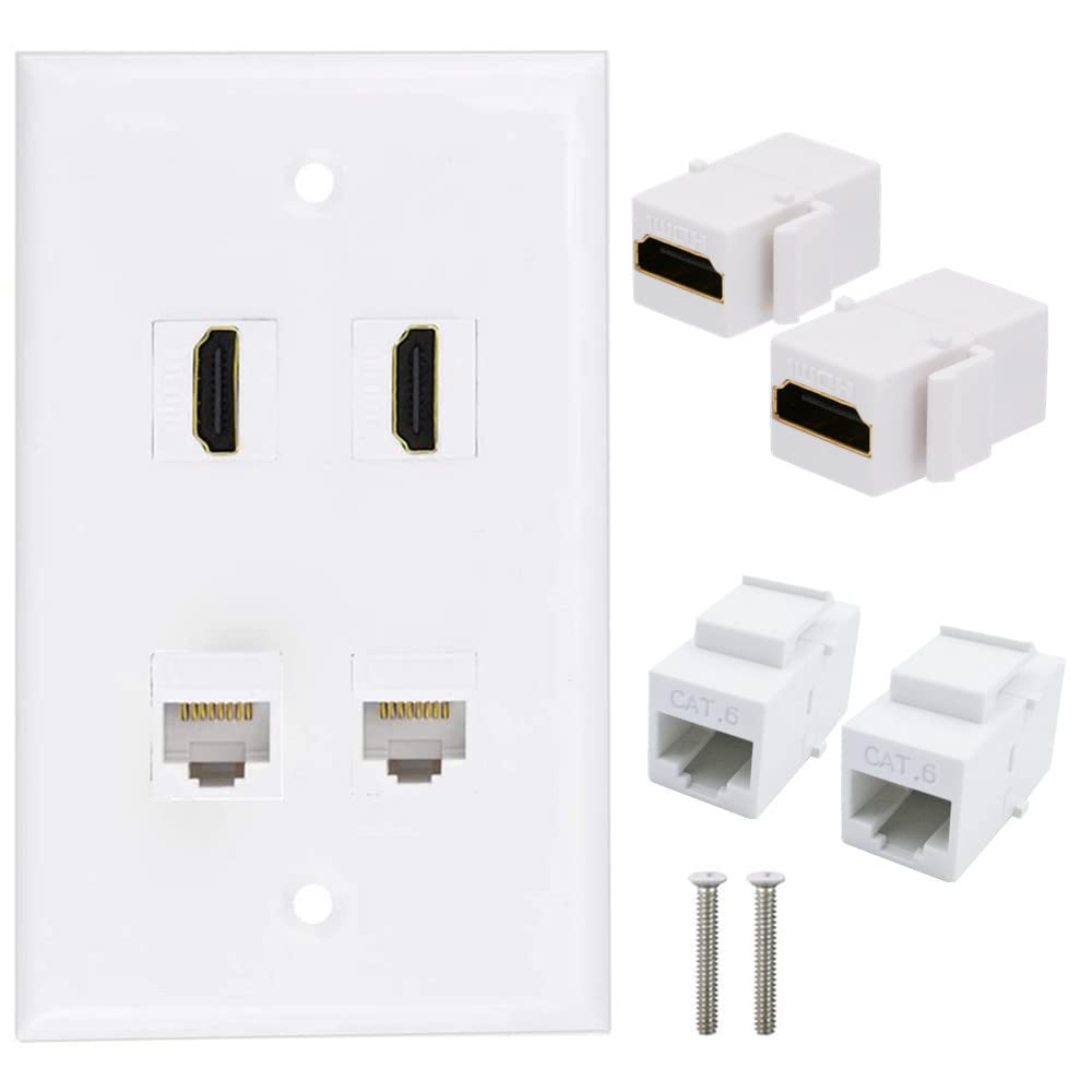 Placa de pared HDMI y Cat6 de 4 puertos color blanco para empotrar cables de red y multimedia 5