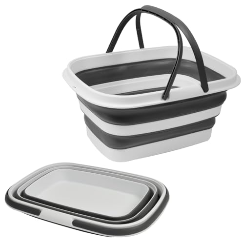 Maury's Bacinella Pieghevole Multiuso, In Colore Grigio e Bianco, Ideale per Bucato, Cucina o In ogni altro Utilizzo quotidiano, Facile Da Riporre Dopo l'Utilizzo (Rettangolare con manici- 8,5 LT)