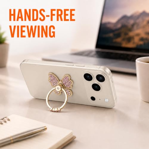 Image of Mizi Butterfly Phone Ring Holder, 2 Pack Luxury Rhinestone Finger Ring Stand Grip, 360 Rotating & 180 Adjustable Metal Kickstand, Strong Adhesive for iPhone, Samsung & All Smartphones - Pink