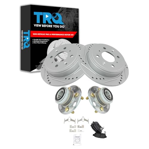 Image of TRQ Performance Rear Brake Pad and Rotor Set Semi Metallic Coated Drilled Slotted Rotors Compatible with 1990-1994 Acura Integra