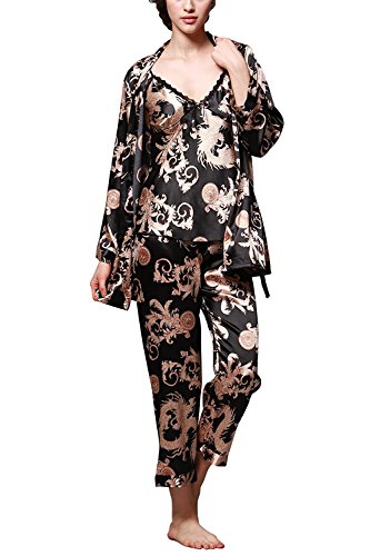 TT Global Femmes Ensemble de Pyjama Satin,Femme 3-in-1 Pyjamas Luxe & Lingerie Satin Ensemble Pyjama en, Manche Longue & Pantalon Femme Sexy Nightwear