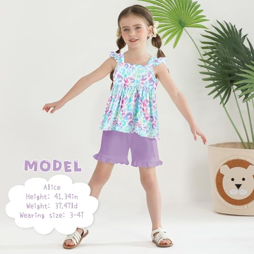 YUEMION Toddler Girl Clothes, 2Pcs Baby Girl Summer Outfits Ruffle Sleeveless Shirts Floral Tops + Shorts Clothing Set 1-5T4