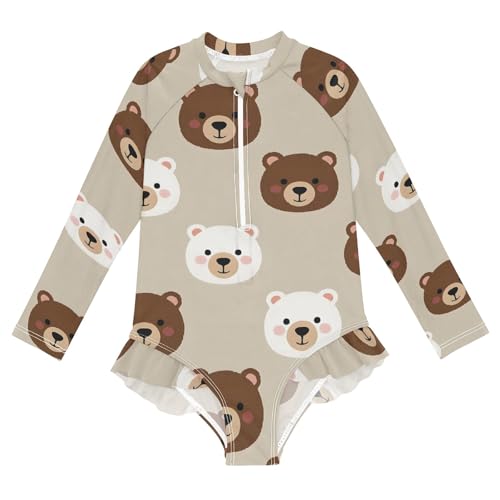 ALAZA Swimsuit for Girls Long Sleeve Rashguard Bathing Suit Bear Oat Color Quick Dry 4T