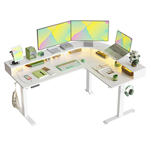 Image of FEZIBO L Shaped Standing Desk with Arc LED & Power Outlet, Exclusive Uprated 3 Motors Support 330LB, Electric Height Adjustable L Shaped Desk with Large Monitor Stand, for Home Office, White