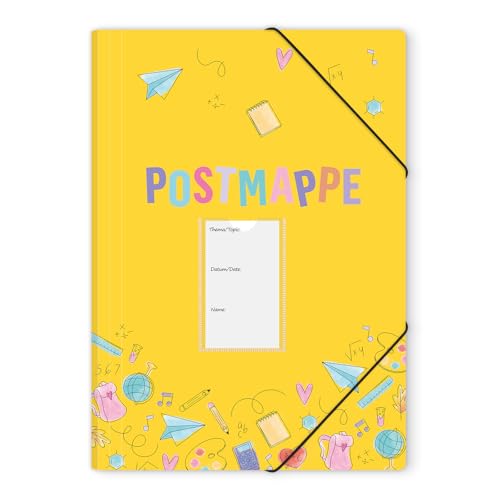 KONVINIT Postmappe A4 Schule - aus extra starkem Kunsstoff Robust und Langlebig Eckspannmappe mit Gummizug Dokumentenmappe mit Motiv für Büro und Schule Aesthetic Schreibwaren Gelb