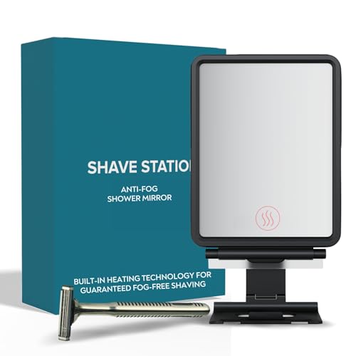 Shave Station Espejo de ducha antivaho con tecnología de calefacción, recargable, inclinación de 30° y almacenamiento de maquinilla de afeitar, espejo de afeitado sin niebla para baño