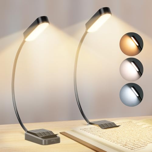 Book Light 2 Pack, Rechargeable Reading Lights for Books in Bed-Eye Caring 3 Colors, Stepless Dimming, 360° Flexible Studying Small Desk Lamp, Lightweight Clip-on LED Night Light for Book Lovers, Kids