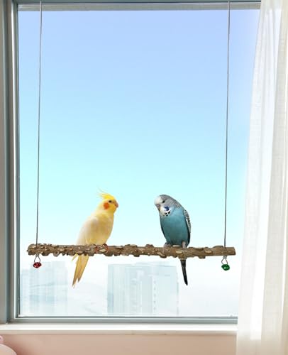 Image of FlidRunest Bird Parrot Swing Toy, Natural Pepper Wood Bird Perch Stand, Hanging Bird Window Ceiling Swing Perch for Parrot Parakeet Conure Cockatiel Small Birds