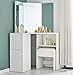 JYMTOM Tavolo da toeletta angolare con specchio, 3 scuole e sgabelli in legno MDF per camera da letto, 68 x 55 x 142 cm (bianco A)