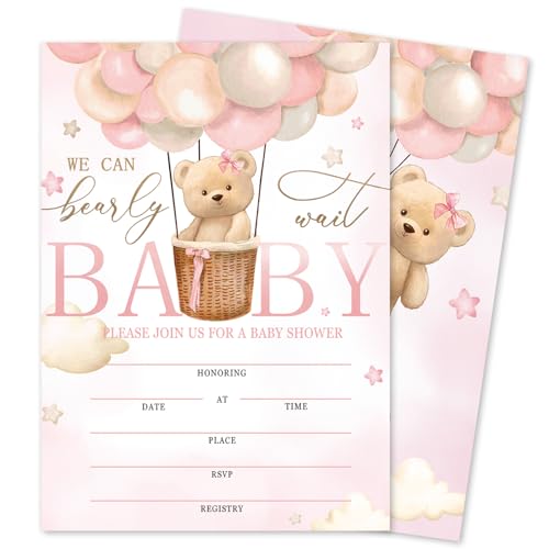 Whaline We Can Bearly Wait Baby Shower Party Invitations with Envelopes Stickers Cute Pink Bear Hot Air Balloon Invitation Cards Fill in Blank Invites for Gender Reveal Birthday 25 Sets