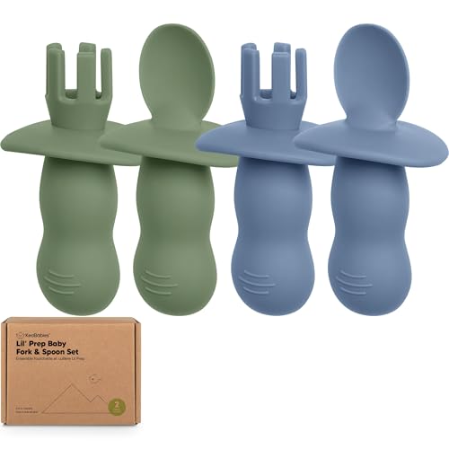 KeaBabies 4-Pack Silicone Baby Spoons and Forks Set - Baby Led Weaning Utensils 6-12 Months, Self Feeding Toddler Spoon & Fork for Training, Teething, Easy to Hold, BPA-Free Silicone (Slate)