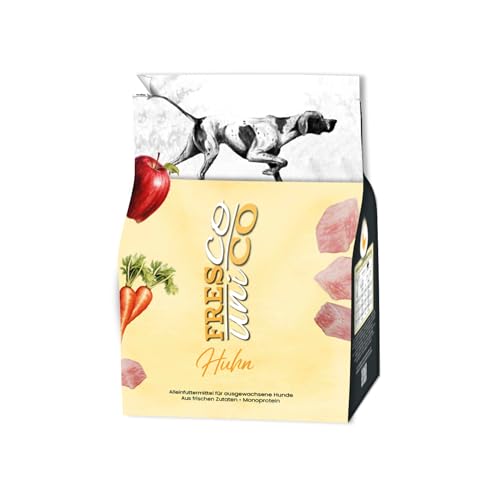 FRESCO Dog Unico Huhn 2,5kg | Hundefutter trocken ohne Weizen | Extra hoher Frisch-Fleischanteil 66% & Gemüse | Adult Trockenfutter für Hunde sensitiv | Mono-Protein & hohe Verträglichkeit