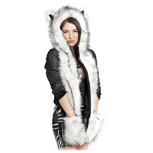FakeFace 3 in 1 Unisex Men Women Girls Faux Rabbit Fur Cartoon Animal Fox Ears Hood Hoodie Earflap Hat Long Scarf Snood Wraps Winter Warm Mittens with Pocket Gloves White