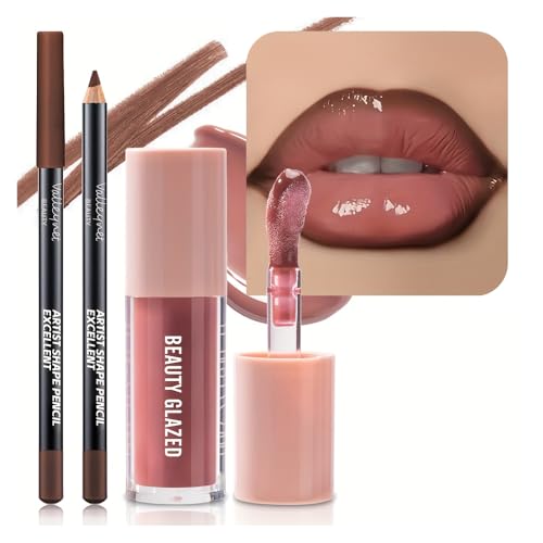 2Pcs/Set Mocha Brown Lip Liner and Nude Gloss Duo 2PCS 90s Overline Lip Combo Set for Fuller Looking Lips Deep Sculpting Contour Pencil & High Shine Hydrating Glass Gloss Non-Sticky Volume Lip Kit