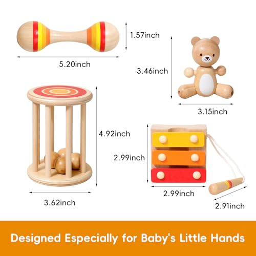 4 PCS Wooden Baby Rattle Set, Montessori Style Sensory Musical Instruments for 0-3 Years, Natural Wood Percussion Shakers, Early Learning Educational Toys for Infant Boys Girls, Birthday Gift - Image 6
