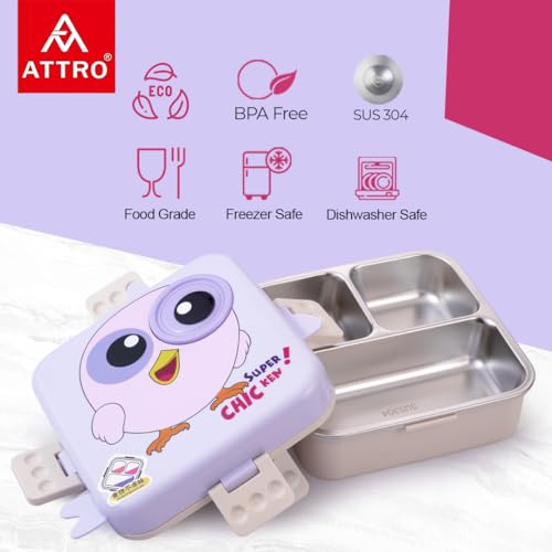 Image of ATTRO Carnival Super Birdy Lunch Box 2 Layer Stainless Steel Lunch Box Comes with 1 Detachable Tray, 1 Small Container & 1 Spoon Ideal for Kids BPA Free 1120ml+70ml- Snow Blue