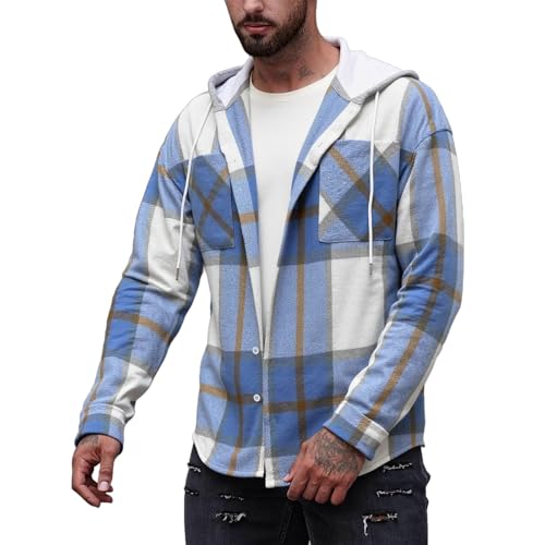 Cambkatl Men's Checkered Flannel Hoodies Fall Winter Casual Long Sleeve Button Down Plaid Shirts Loose Outdoor Outerwear