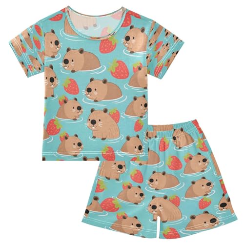 senya Short Sleeve Pajamas Sets Summer Cotton Sleepwear Red Strawberry Cute Capybara