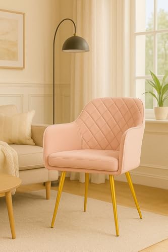 Image of Barfi Velvet Dining Chair | Premium Modern Upholstered Accent Chair with Armrest, Padded Seat and Metal Legs | Comfy Chair for Home, Office & Restaurents (Pink)