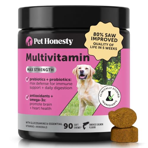 Image of Pet Honesty Vet Recommended Max Strength Dog Multivitamin, 90 Ct, Salmon | 15-in-1 Dog vitamins with glucosamine, probiotics & omega-3, salmon, supports hip & joint stiffness, digestion & heart health