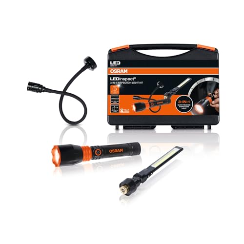 OSRAM LEDinspect 3-IN-1 INSPECTION LIGHT KIT, Kit polyvalent 3 en 1; lampe torche, col de cygne flexible et lampe d'inspection ; quatre modes d'éclairage ; base avec poignée magnétique