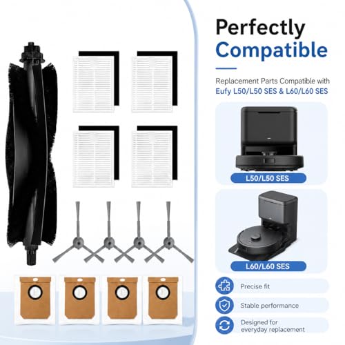 Image of Replacement Parts Compatible with Eufy L60 /L50 Series Robot Vacuums, Accessories Including 1 Main Brush, 4 Hepa Filters, 4 Side Brushes, 4 Dust Bags