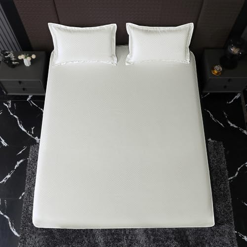 Image of Story@Home Luxe King Size Fitted Bedsheet with 2 Pillow Covers | 500 TC Egyptian Cotton Compact Yarn | 182 x 198 cm | Fits Up to 12 Inch Mattress | Checkered Jacquard | Ivory | Gift Packaging