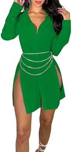 Image of Shirt Dress for Women Sexy Button Down Date Night Dresses Ruched Slit Stand Collar Long Sleeve Blouses