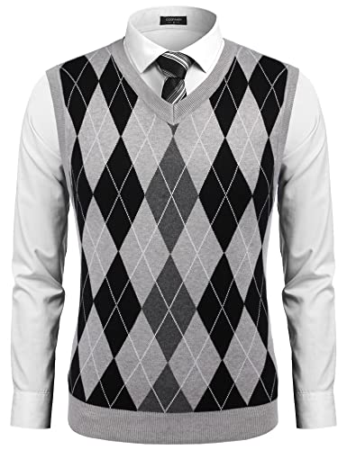 COOFANDY Men's Argyle Sweater Vest Knitted Casual V-Neck Pullover Vest Light Grey
