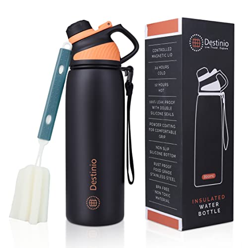 Destinio Vacuum Insulated Water Bottle, 800 ml, Luxury Insulated Sipper Bottle for Adults, Insulated Sports Water Bottles, Thermos Flask for Gym,Office, Home, School,Travel (Black)