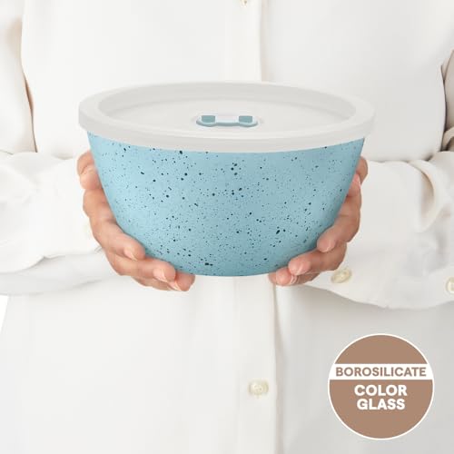Image of Borosil 1 L Serving & Mixing Bowl with Lid | Made in India Borosilicate Glass Bowl for Kitchen & Dinning | Bowl for Mixing Dough, Salad, Batter | Microwave & Dishwasher Safe (Blue)