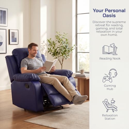 Image of Single Leather Manual Recliner Chair, Oversized Lazy Boy Recliner with Home Theater Seating, Breathable Living Room Reclining Chair for Adults Reading, Gaming, Relax, Dark Blue