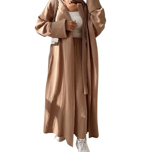 Image of Open Abayas Kimono Muslim Women Cardigan Maxi Dress and pants Set Islamic Clothing Dubai Saudi Robe